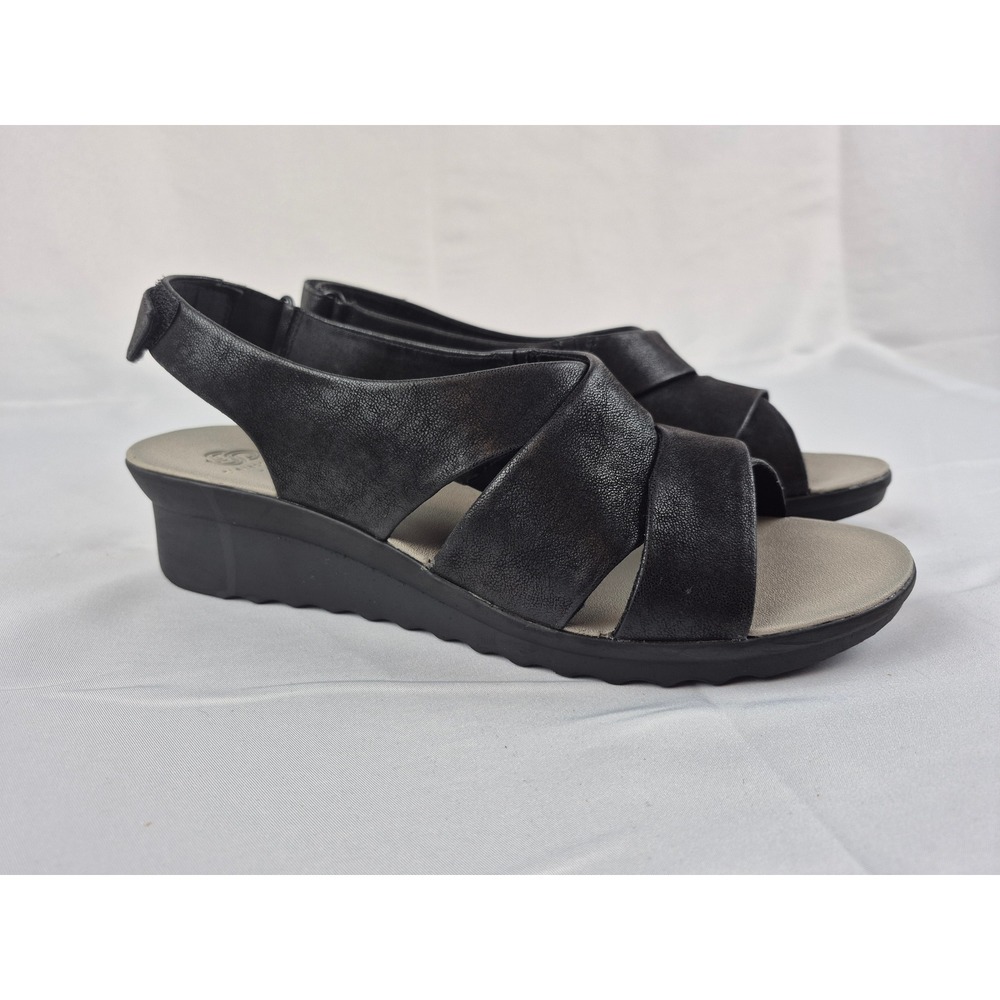 Clarks Cloudsteppers Womens 9.5 Wide W Womens Black Wedge Sandals Comfort Shoes